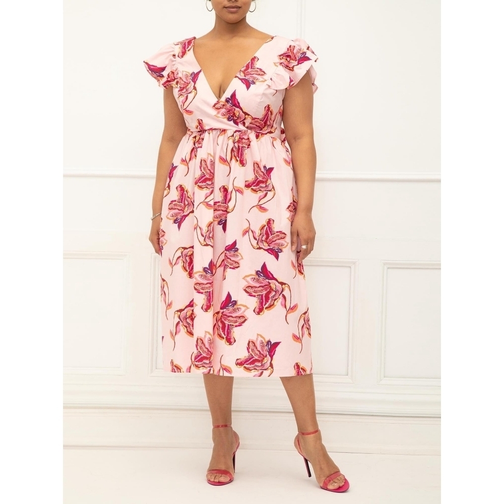 ELOQUII Elements Women's Plus Size Surplice Midi Dress with Ruffle Sleeves